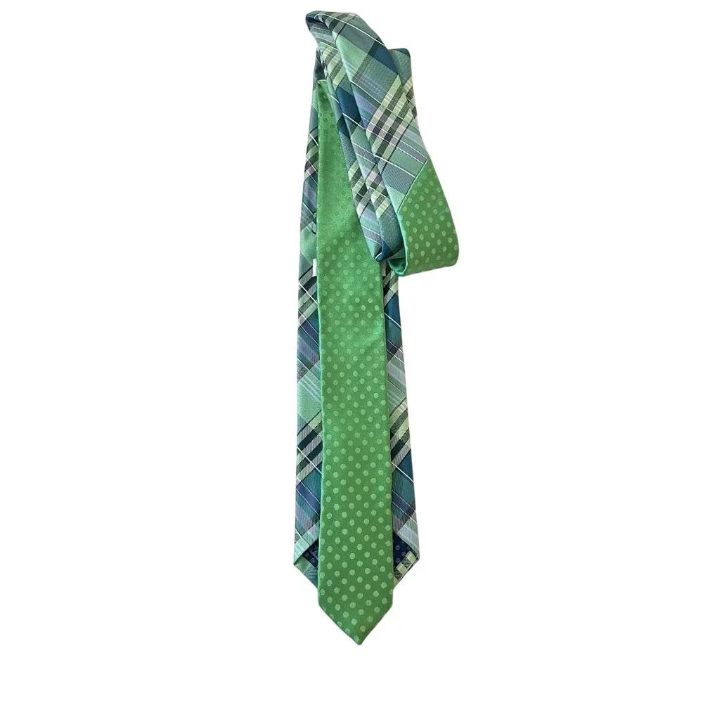 Perry Ellis Portfolio‎ Green Plaid Necktie Business Formal Vintage Polka Dot